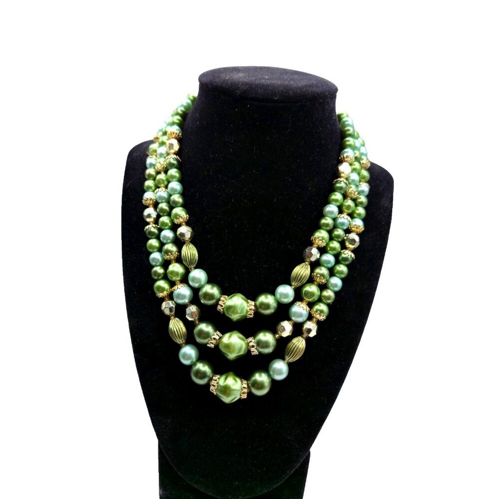 Vintage Japan signed Green Faux Pearl Bead Necklace 3-Strand 1950s Mad Men Style